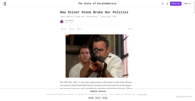 Security scan screenshot of https://purpleamerica.substack.com/p/how-oliver-stone-broke-our-politics