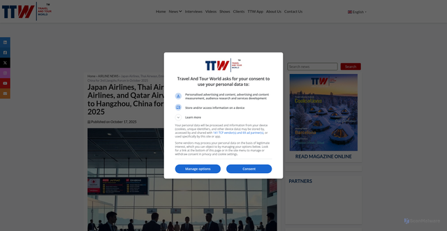 Security scan screenshot of https://www.travelandtourworld.com/news/article/japan-airlines-thai-airways-emirates-singapore-airlines-and-qatar-airways-expected-to-increase-flights-to-hangzhou-china-for-3rd-liangzhu-forum-in-october-2025/