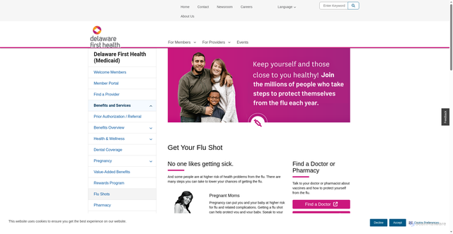 Security scan screenshot of https://www.delawarefirsthealth.com/members/medicaid/benefits-services/flu-shots.html