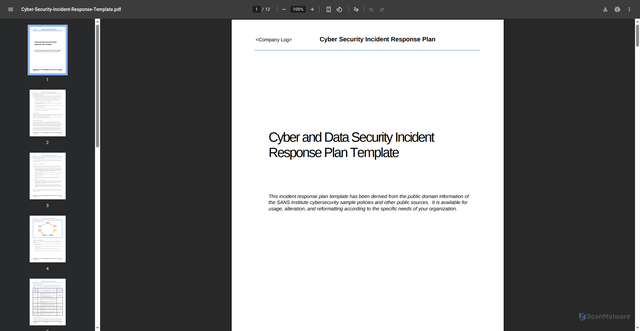 Security scan screenshot of https://cdn.fedweb.org/fed-34/2/Cyber-Security-Incident-Response-Template.pdf