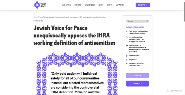 Security scan screenshot of https://www.jewishvoiceforpeace.org/2021/02/08/ihra/