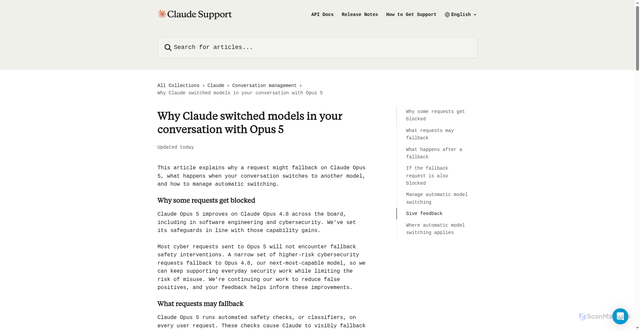 Security scan screenshot of https://support.claude.com/en/articles/16049681-why-claude-switched-models-in-your-conversation-with-opus-5