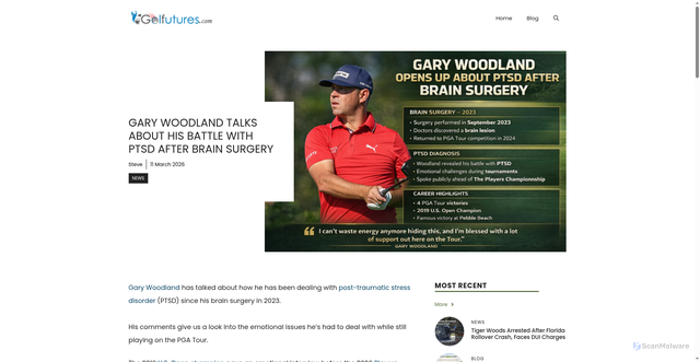 Security scan screenshot of https://golfutures.com/gary-woodland-ptsd-brain-surgery/