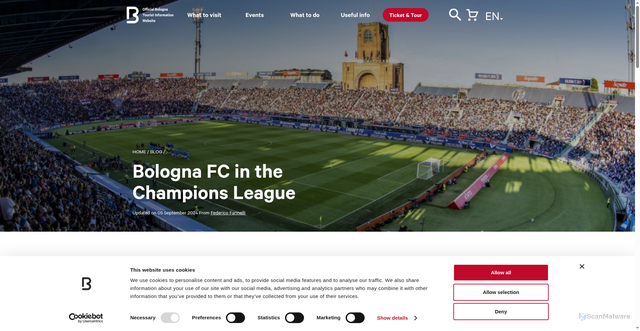 Security scan screenshot of https://www.bolognawelcome.com/en/blog/bologna-fc-in-the-champions-league