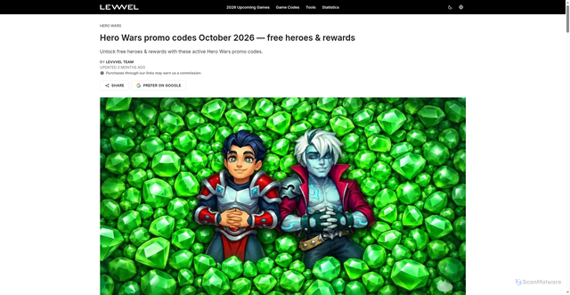 Security scan screenshot of https://levvvel.pages.dev/hero-wars/promo-codes/