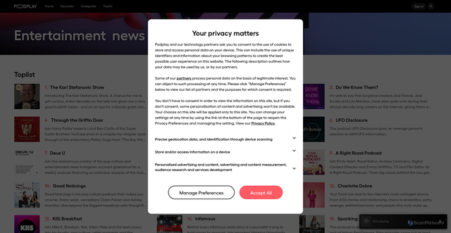Security scan screenshot of https://www.podplay.com/collections/entertainment-news
