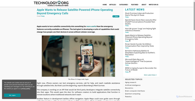 Security scan screenshot of https://www.technology.org/2025/11/10/apple-wants-to-release-satellite-powered-iphone-operating-beyond-emergency-calls/