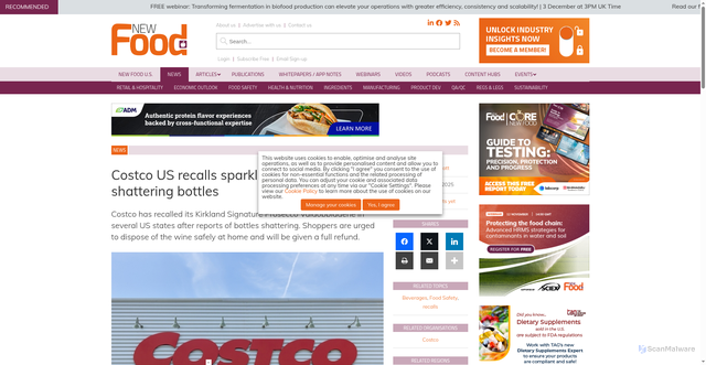 Security scan screenshot of https://www.newfoodmagazine.com/news/255363/costco-prosecco-recall-shattering-bottles-2025/