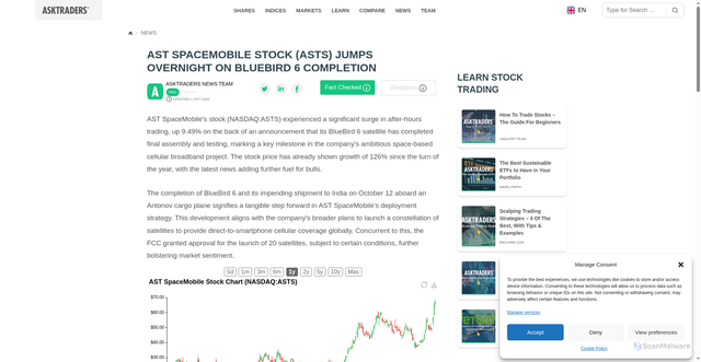 Security scan screenshot of https://www.asktraders.com/analysis/ast-spacemobile-stock-jumps-overnight-on-bluebird-6-completion/