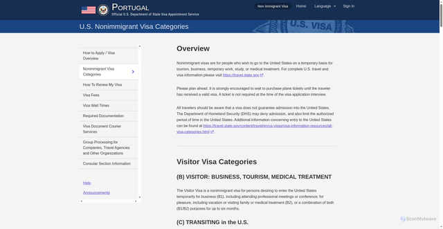 Security scan screenshot of https://ais.usvisa-info.com/en-pt/niv/information/visa_categories