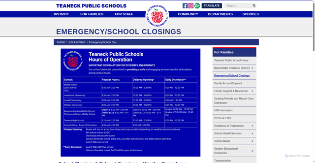 Security scan screenshot of https://www.teaneckschools.org/EmergencySchoolClosings.aspx