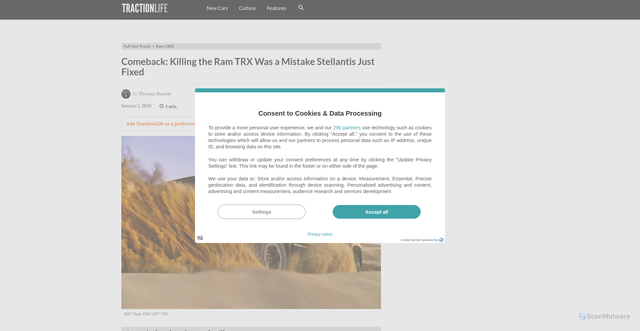 Security scan screenshot of https://tractionlife.com/killing-the-ram-trx-was-a-mistake-stellantis-just-fixed/