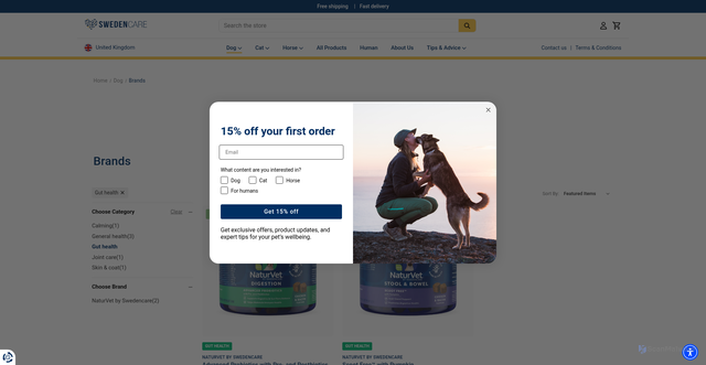 Security scan screenshot of https://uk.swedencare.com/dog/brands/?_bc_fsnf=1&Choose+category=Gut+health