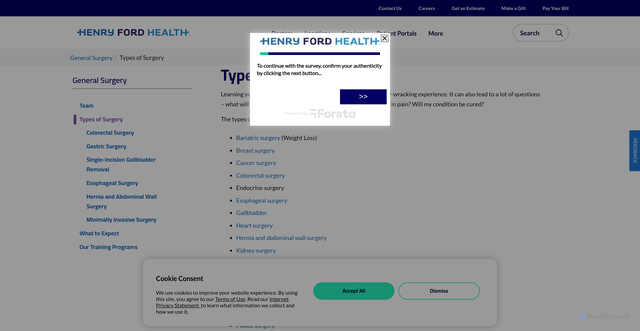 Security scan screenshot of https://www.henryford.com/services/surgery/types