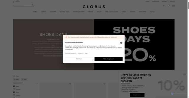 Security scan screenshot of https://www.globus.ch/shoes-days?geschlecht=tgr_boys,tgr_girls&sc_src=email_4252412&sc_lid=292389694&sc_uid=zP3R20i424&sc_llid=199106&sc_customer=0327f37c9208167d9b0b5fb90d68e28589aef0066bddedd98d9d5328a5adbcbc&utm_source=newsletter_de&utm_medium=email&utm_campaign=20260911_prom_shoesdays_reminder_DE_4252412&guid=0327f37c9208167d9b0b5fb90d68e28589aef0066bddedd98d9d5328a5adbcbc&utm_content=