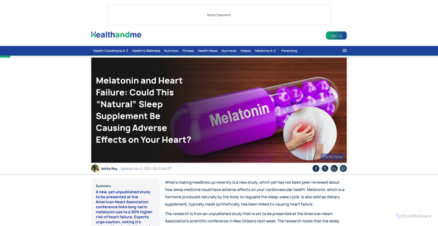 Security scan screenshot of https://www.healthandme.com/health-wellness/melatonin-and-heart-failure-could-this-natural-sleep-supplement-be-causing-adverse-effects-on-your-heart-article-153108513