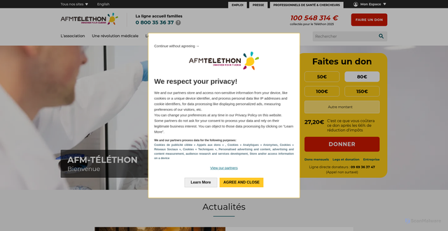 Security scan screenshot of https://afm-telethon.fr