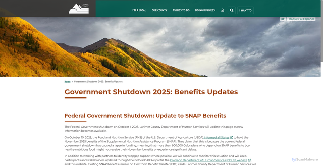 Security scan screenshot of https://www.larimer.gov/GovShutdownSNAPBenefits