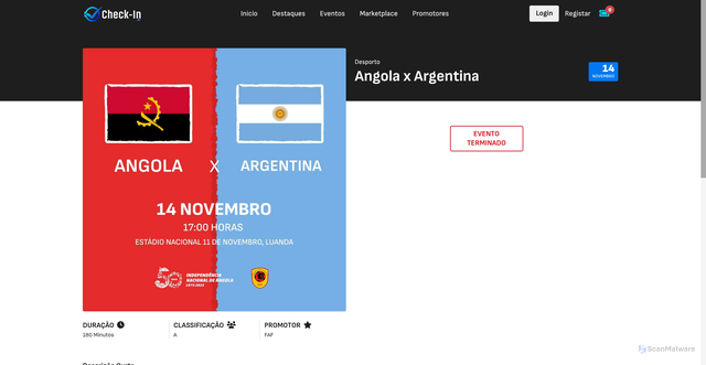 Security scan screenshot of https://check-in.ao/evento/angola-x-argentina
