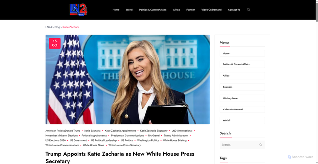 Security scan screenshot of https://ln24international.com/tag/katie-zacharia/