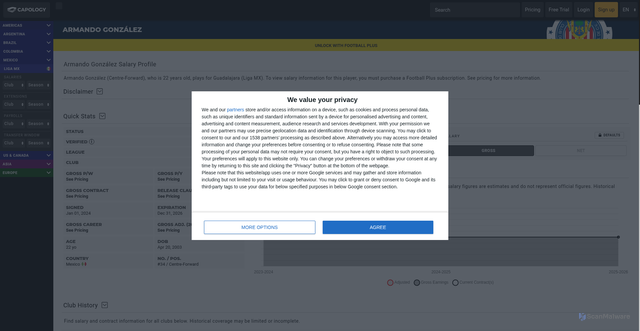 Security scan screenshot of https://www.capology.com/player/armando-gonzalez-37731/