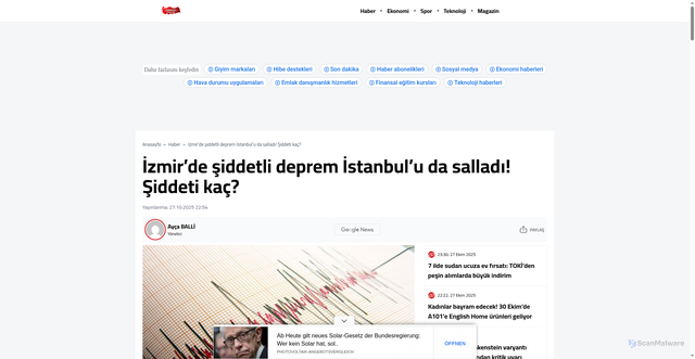 Security scan screenshot of https://sondakikaturkey.com/izmirde-siddetli-deprem-istanbulu-da-salladi-siddeti-kac-6530h