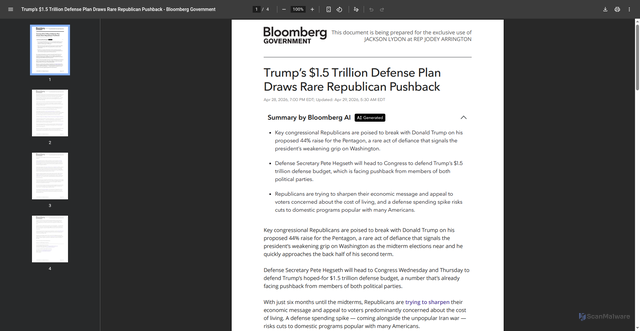 Security scan screenshot of https://arrington.house.gov/uploadedfiles/trump_1_and_half_trillion_defense_plan_draws_rare_republican_pushback.pdf