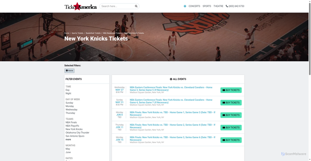 Security scan screenshot of https://ticketamerica.com/performer/new-york-knicks-tickets