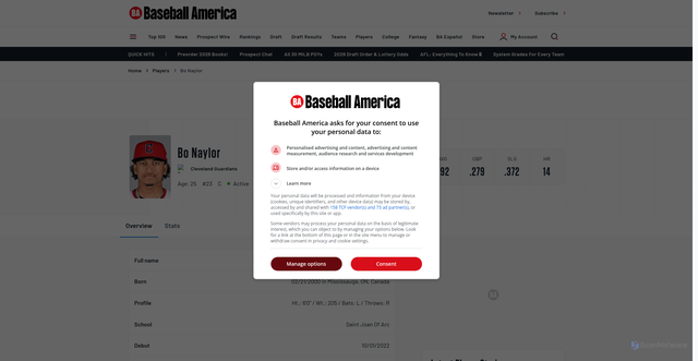 Security scan screenshot of http://www.baseballamerica.com/players/7314-bo-naylor/