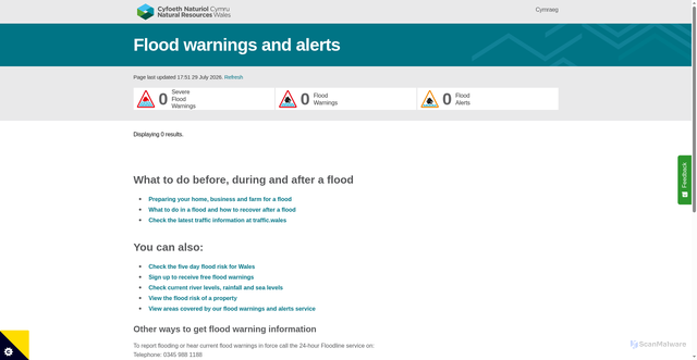 Security scan screenshot of https://flood-warning.naturalresources.wales/