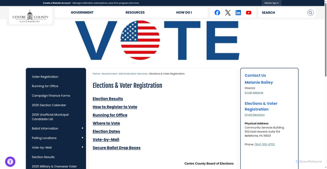 Security scan screenshot of https://centrecountypa.gov/238/Elections-Voter-Registration
