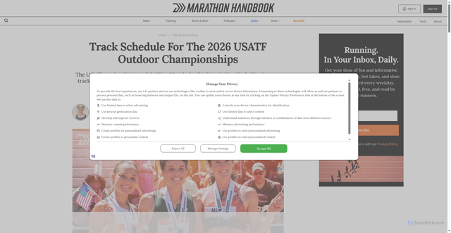 Security scan screenshot of https://marathonhandbook.com/usatf-outdoor-championships-2026-track-schedule/