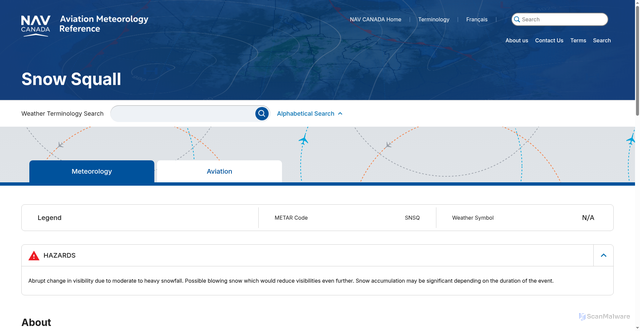 Security scan screenshot of https://avmet.navcanada.ca/en/snow-squall.aspx