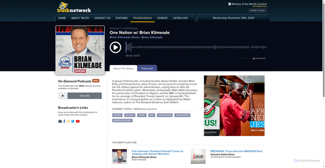 Security scan screenshot of https://www.truthnetwork.com/show/brian-kilmeade-show-brian-kilmeade/111556/