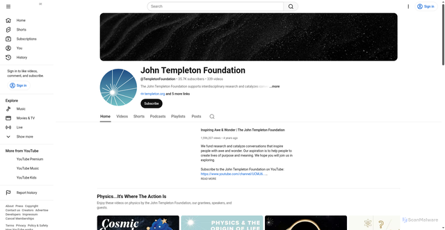 Security scan screenshot of https://consent.youtube.com/m?continue=https%3A%2F%2Fwww.youtube.com%2Fuser%2FTempletonFoundation%3Futm_source%3DReceive%2BNews%2Bfrom%2Bthe%2BJohn%2BTempleton%2BFoundation%26utm_campaign%3D18d93db6bb-EMAIL_CAMPAIGN_2026_templetonideas_20260603%26utm_medium%3Demail%26utm_term%3D0_-42837b4b08-97355777%26cbrd%3D1&gl=DE&m=0&pc=yt&cm=2&hl=de&src=1