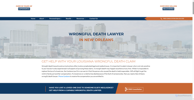 Security scan screenshot of https://www.cardonelaw.com/personal-injury-attorneys-new-orleans-la/wrongful-death/