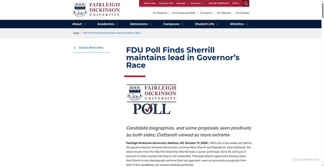 Security scan screenshot of https://www.fdu.edu/news/fdu-poll-finds-sherrill-maintains-lead-in-governors-race/