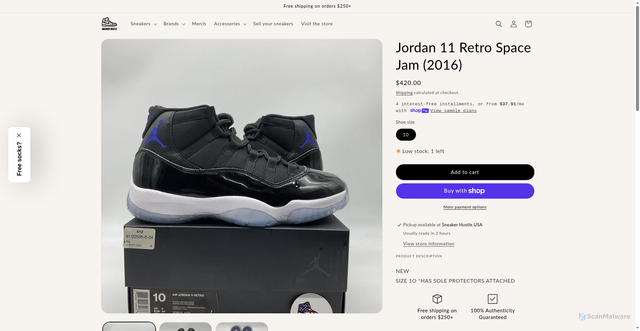 Security scan screenshot of https://sneakerhustleus.com/products/jordan-11-retro-space-jam-2033?srsltid=AfmBOopVnSNDdABudAiLlC6S4NpnOTUcC4NAYkziut3kV5rMbmtfmlE7