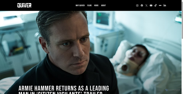 Security scan screenshot of https://www.quiverdistribution.com/news/armie-hammer-returns-as-a-leading-man-in-%E2%80%98citizen-vigilante%E2%80%99-trailer