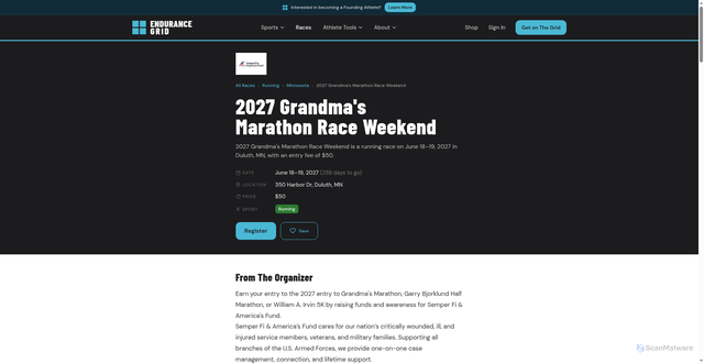 Security scan screenshot of https://www.endurancegrid.com/race/2027-grandmas-marathon-race-weekend-duluth-mn-172160