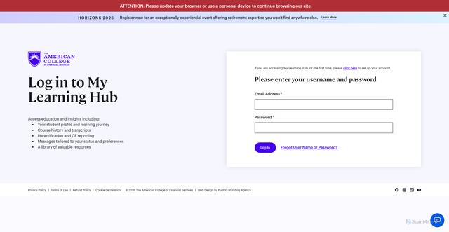 Security scan screenshot of https://hub.theamericancollege.edu