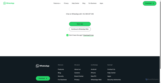 Security scan screenshot of https://api.whatsapp.com/send?phone=61468257346