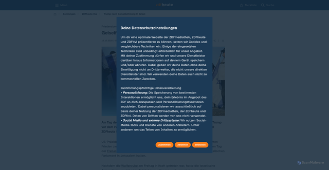 Security scan screenshot of https://www.zdfheute.de/video/zdfheute-live/gaza-geiseln-freilassung-trump-rede-video-100.html
