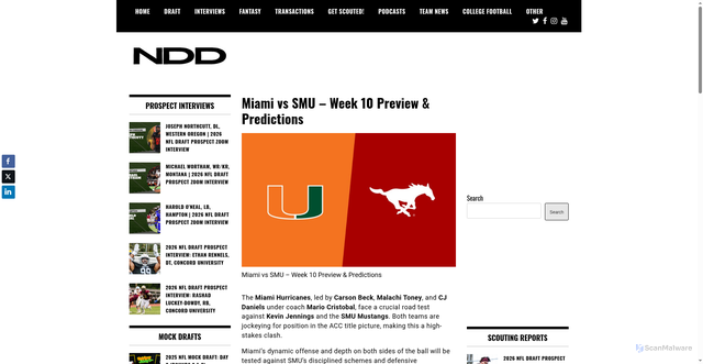 Security scan screenshot of https://nfldraftdiamonds.com/2025/10/miami-vs-smu/