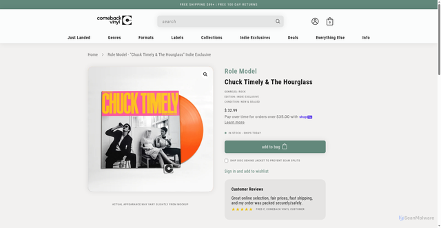 Security scan screenshot of https://comebackvinyl.com/products/role-model-chuck-timely-the-hourglass-indie-exclusive?srsltid=AfmBOorvgLDRVwR1RzBxjsSGHo-7VuCswQcvnLCSn4PAaU_In678u03n