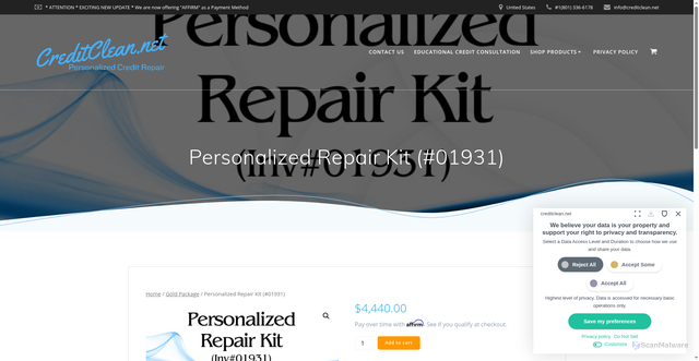 Security scan screenshot of https://creditclean.net/product/personalized-repair-kit-01931/