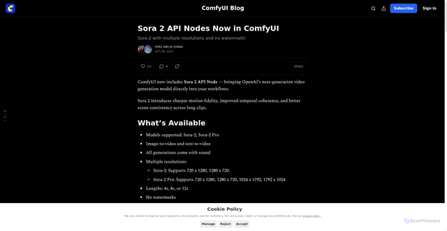 Security scan screenshot of https://blog.comfy.org/p/sora-2-api-nodes-now-in-comfyui