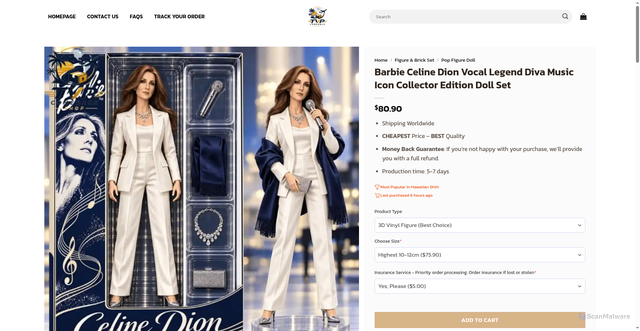Security scan screenshot of https://tvpcomebackshop.com/product/barbie-celine-dion-vocal-legend-diva-music-icon-collector-edition-doll-set/