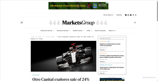 Security scan screenshot of https://www.marketsgroup.org/news/otro-capital-explores-sale-of-24-stake-in-alpine-f1-team