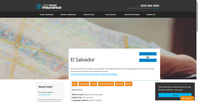 Security scan screenshot of https://www.direct-travel.co.uk/country-guides/el-salvador/